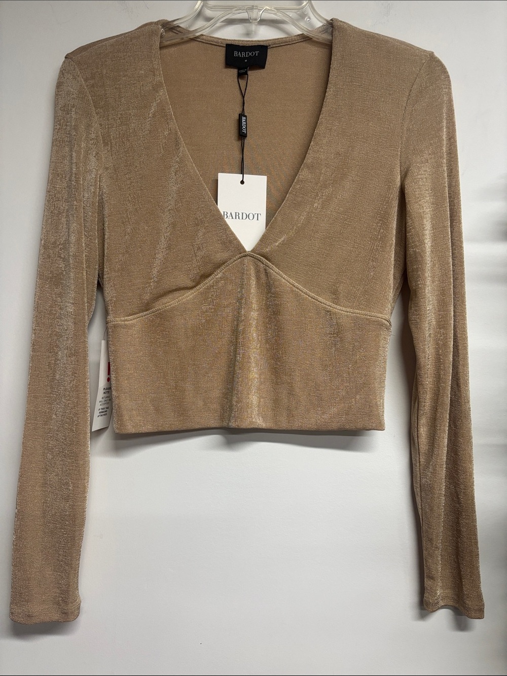 Bardot Taupe Shimmer V‑Neck Long Sleeve Crop Top